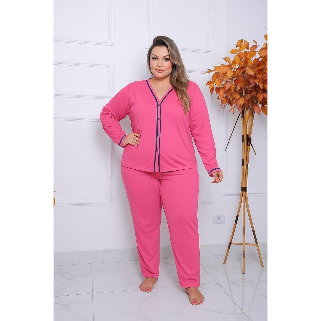 Pijama Feminino Plus Size Americano Aberto de Botões Inverno