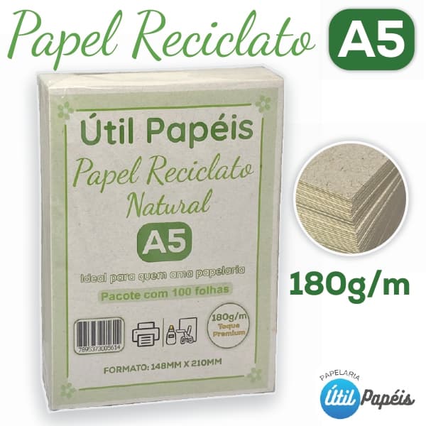 Papel Reciclado 180g A5 - Pacote com 100/200 Folhas 148x210mm Eco Premium / Laser e Jato de tinta