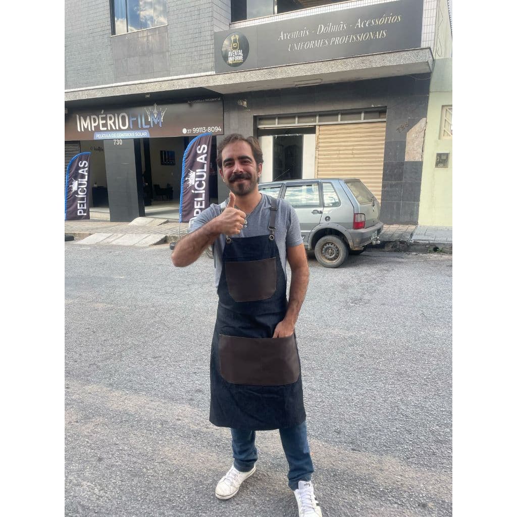 Avental em Jeans com Couro Churrasco Barista Barbearia Salão Jardinagem Cozinha