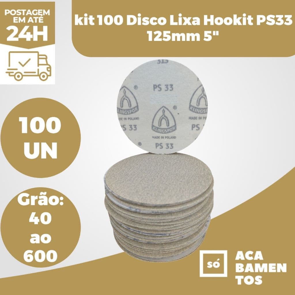 100 Discos Lixa Hookit Ps33 125mm 5 Roto Orbital  Lixa redonda Klingspor pluma madeira ferro parede