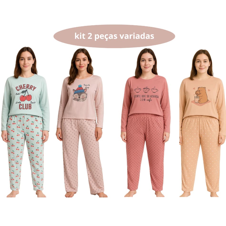 KIT 2 Pijama feminino inverno manga longa pijama feminino manga longa estampa variada