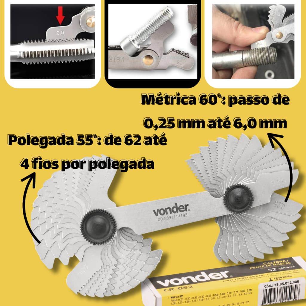 Cálibre/pente De Rosca Com 52 Lâminas, 0,25 Mm - 6,0 Mm - Vonder - Medidor de Passo