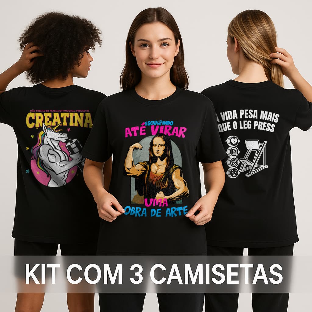 Kit 3 Camisetas Femininas de Academia Larga Feminina Fitnesss 100% Algodão