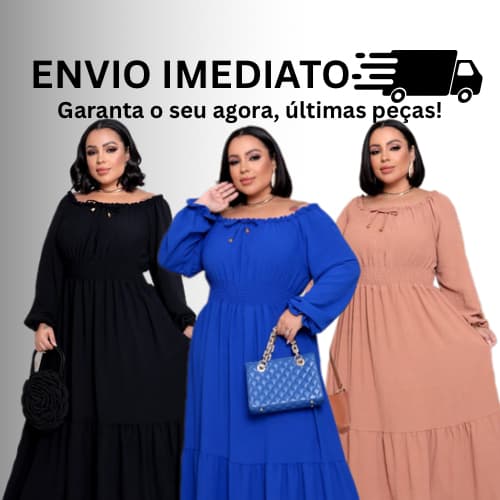 Vestido Plus Size Cigana Duna Liso – Ombro a Ombro com Lastex Moda Evangélica G1 G2 G3 Tendencia Inverno