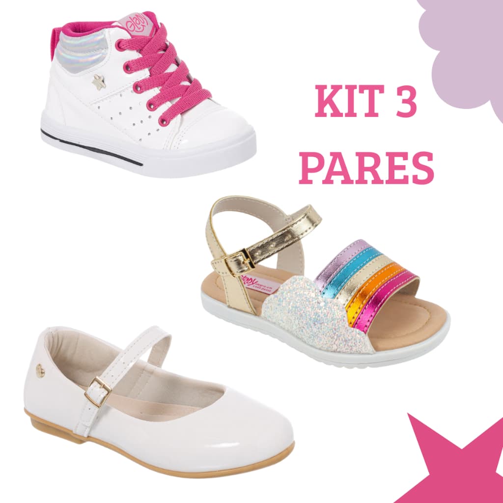 Kit 3 Pares Tênis Cano Alto Infantil Menina + Sandália Nuvem Arco-íris + Sapatilha Bloqueirinha