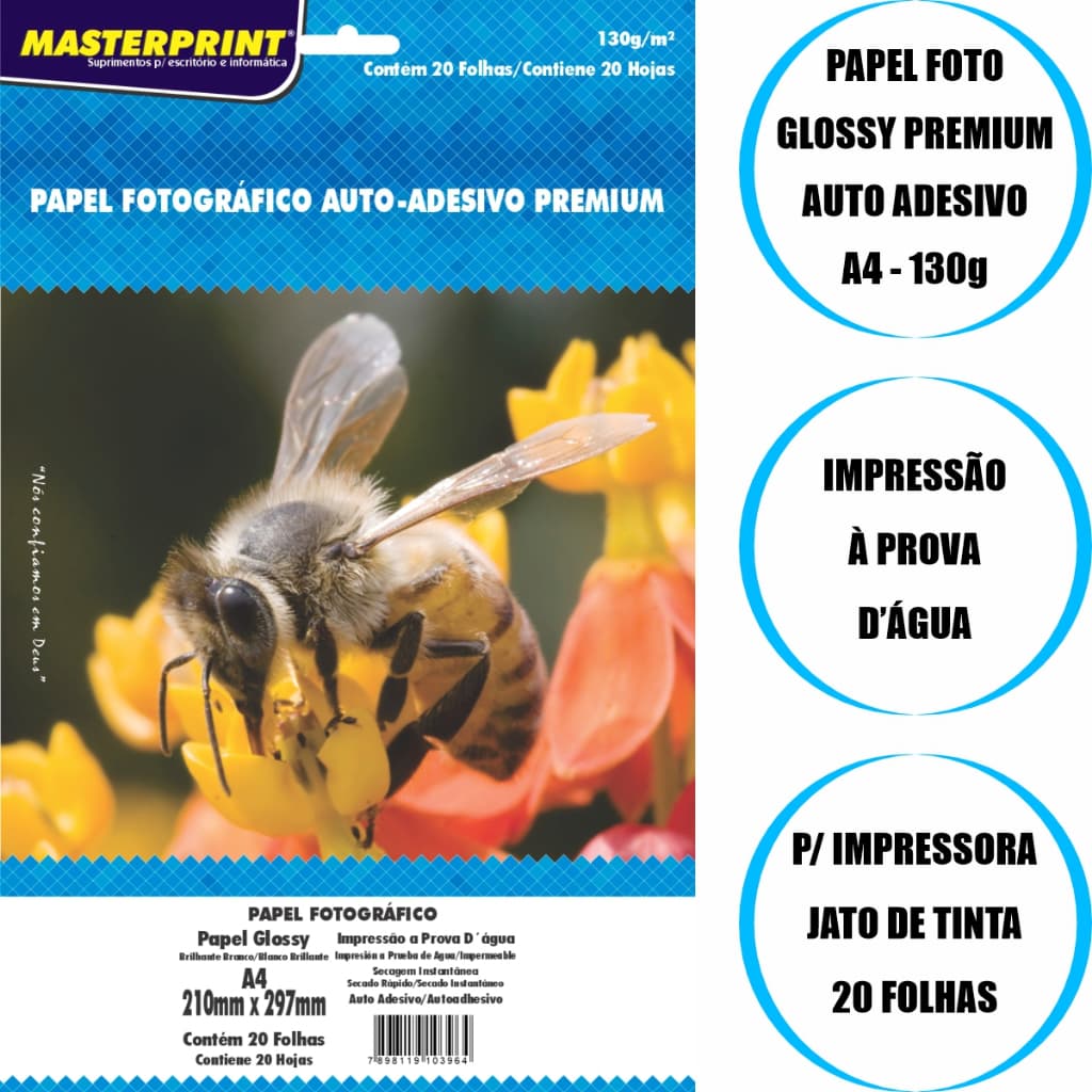 Papel Fotográfico Glossy Auto Adesivo Premium 130g Tamanho A4 20 Folhas