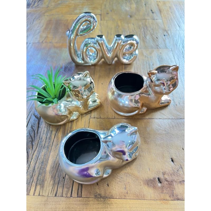 Vaso Cachepot Organizador Gato Vasinho Enfeite Porcelana Gatinho Decoração Metalizada Rose Dourado Prata