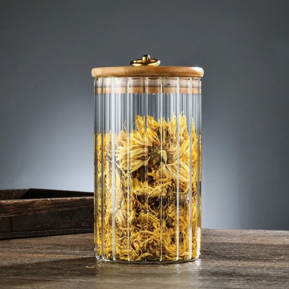 Pote de Vidro com Tampa Bambu Hermética CANELADO TRANSPARENTE Porta Mantimentos cozinha Argola dourada porta tempero