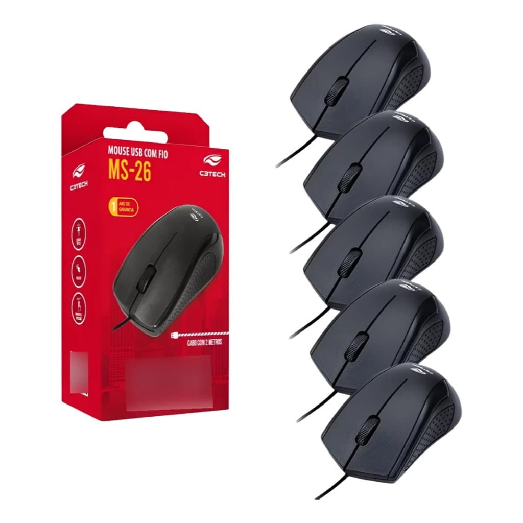 Kit 5 Mouse Optico Usb Ms26bk Preto C3tech Com Fio 2 Metros