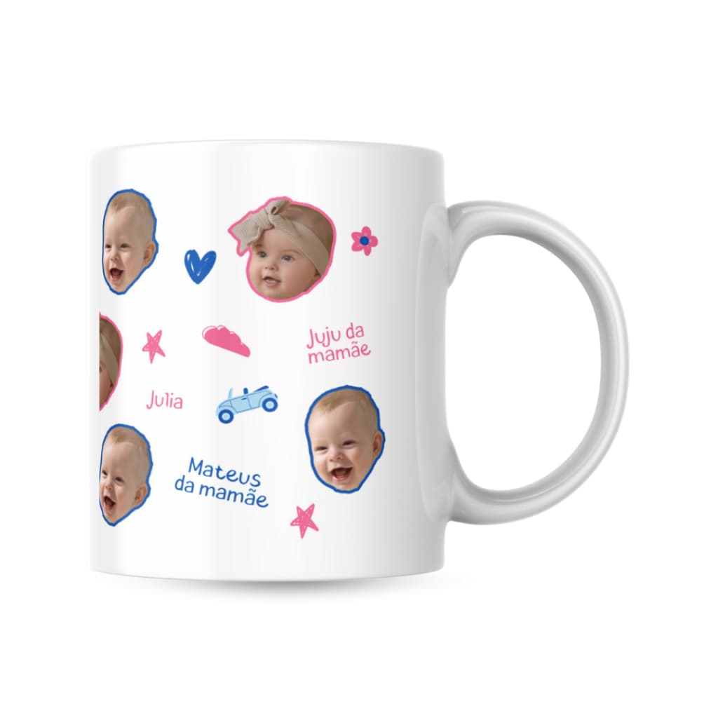 Caneca Xicara Porcelana 325ml Carinhas Bebê Filho Filha Personalizada Presente