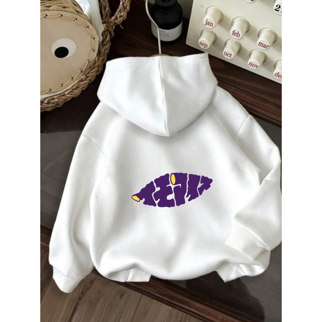 Moletom Casual Unisex com Estampa Gráfica - Preto com Letras Roxa, Capuz Ajustável com Cordão, Lavável à Máquina, Confor