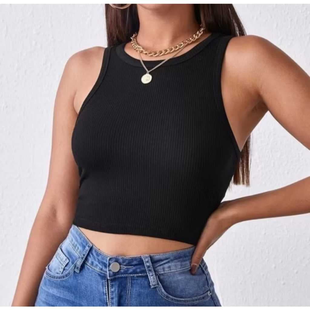 Cropped Top Regata Canelado Liso Básico Nadador Feminino Preto Branco Nude Moda Casual Blogueira Tendência