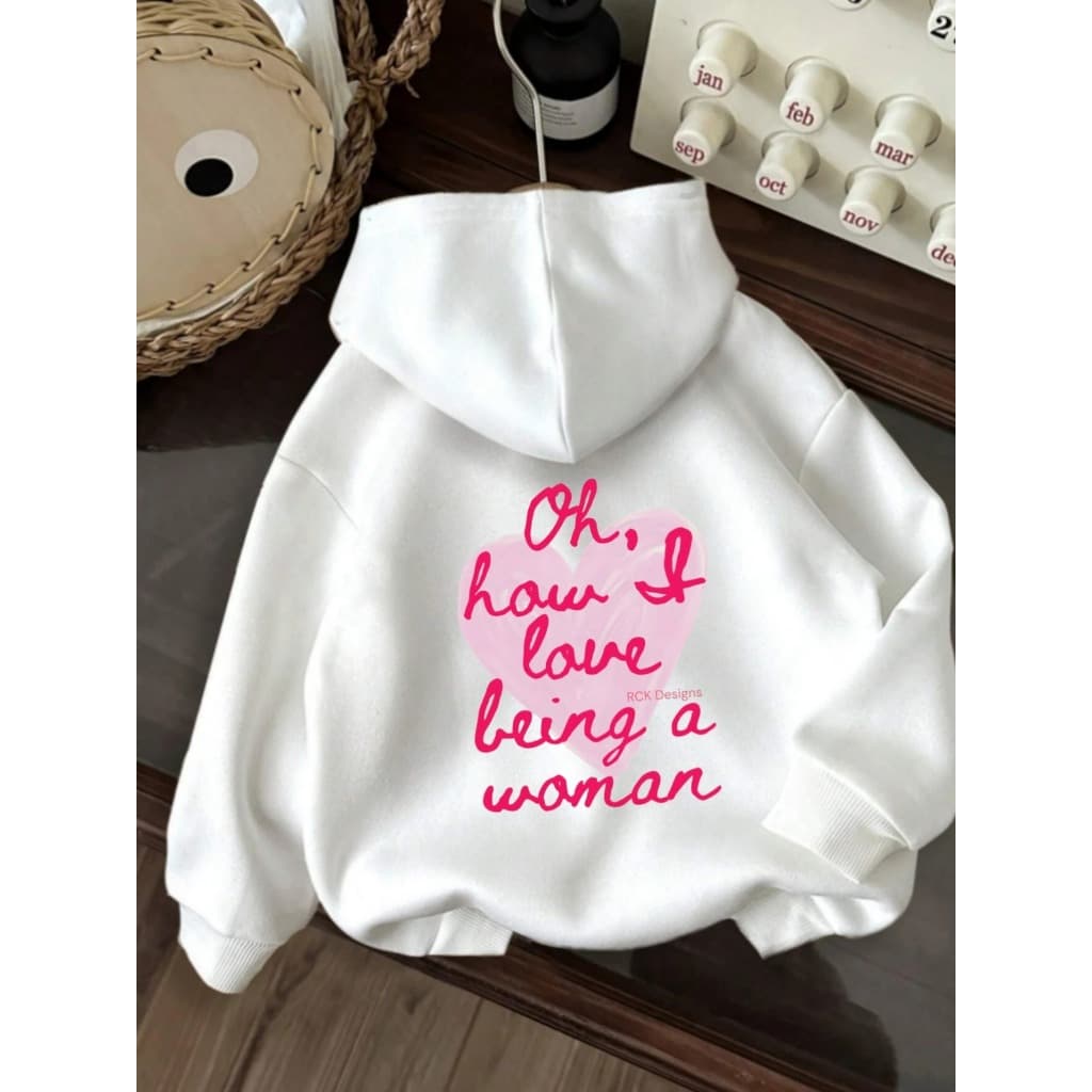 Moletom com capuz estampado gráfico ``Oh How I Love Being A Woman´´ e cordão, blusa de moletom casual Unisex no inverno