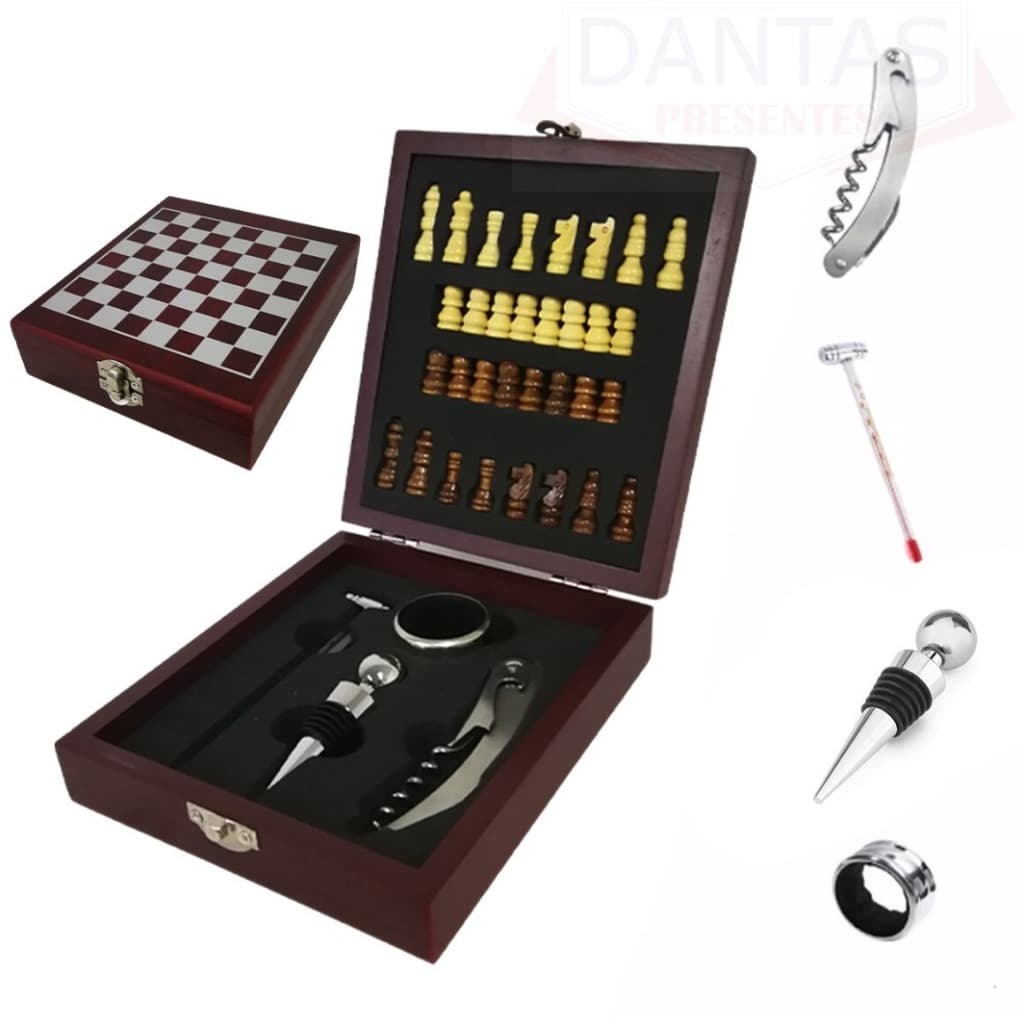 Kit Abridor De Vinho 4 Peças E Jogo Xadrez De Madeira