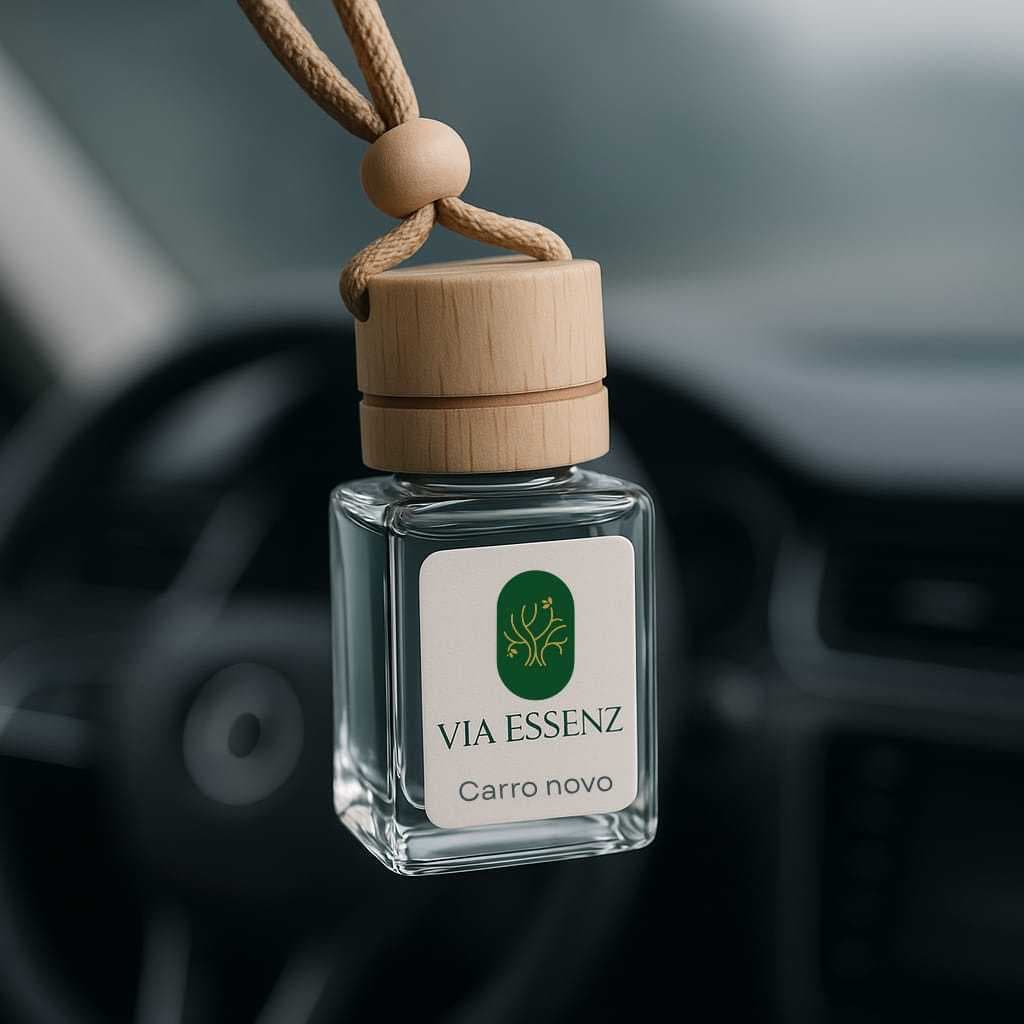 Aromatizador de Carro Via Essenz 15 ml – Perfume Automotivo Premium, Tampa de Madeira, Refilável
