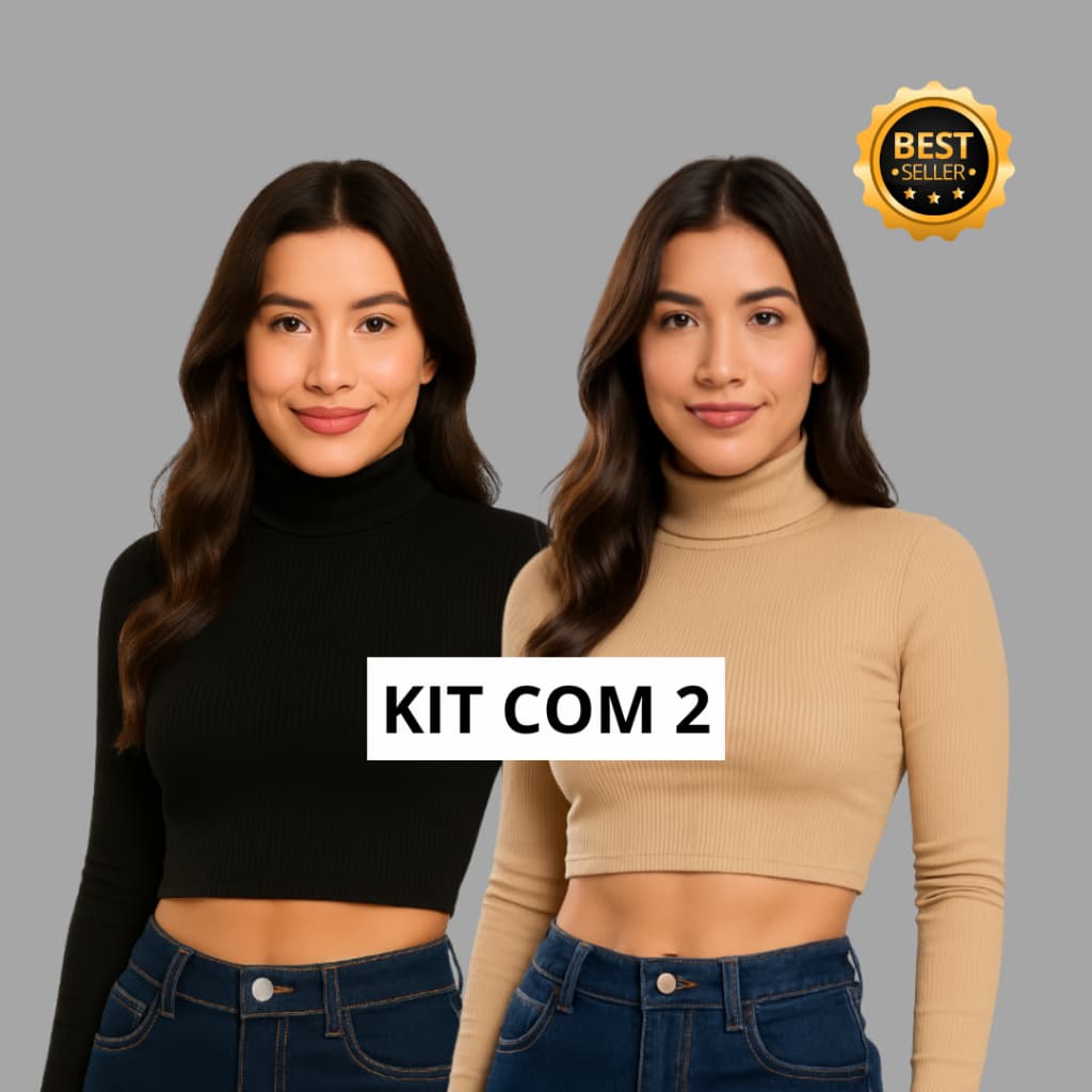 Hiper Kit 2 Cropped Gola Alta Canelado Manga Longa Feminina Basico Moda Gringa Boho
