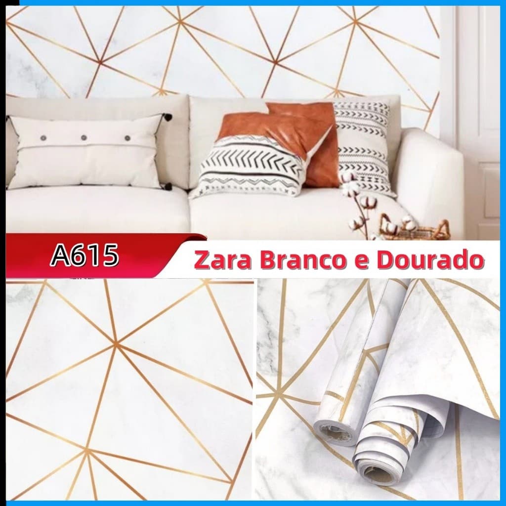Papel de Parede 5 Metros Linhas Gold ZARA Branco Marmorizado e Dourado