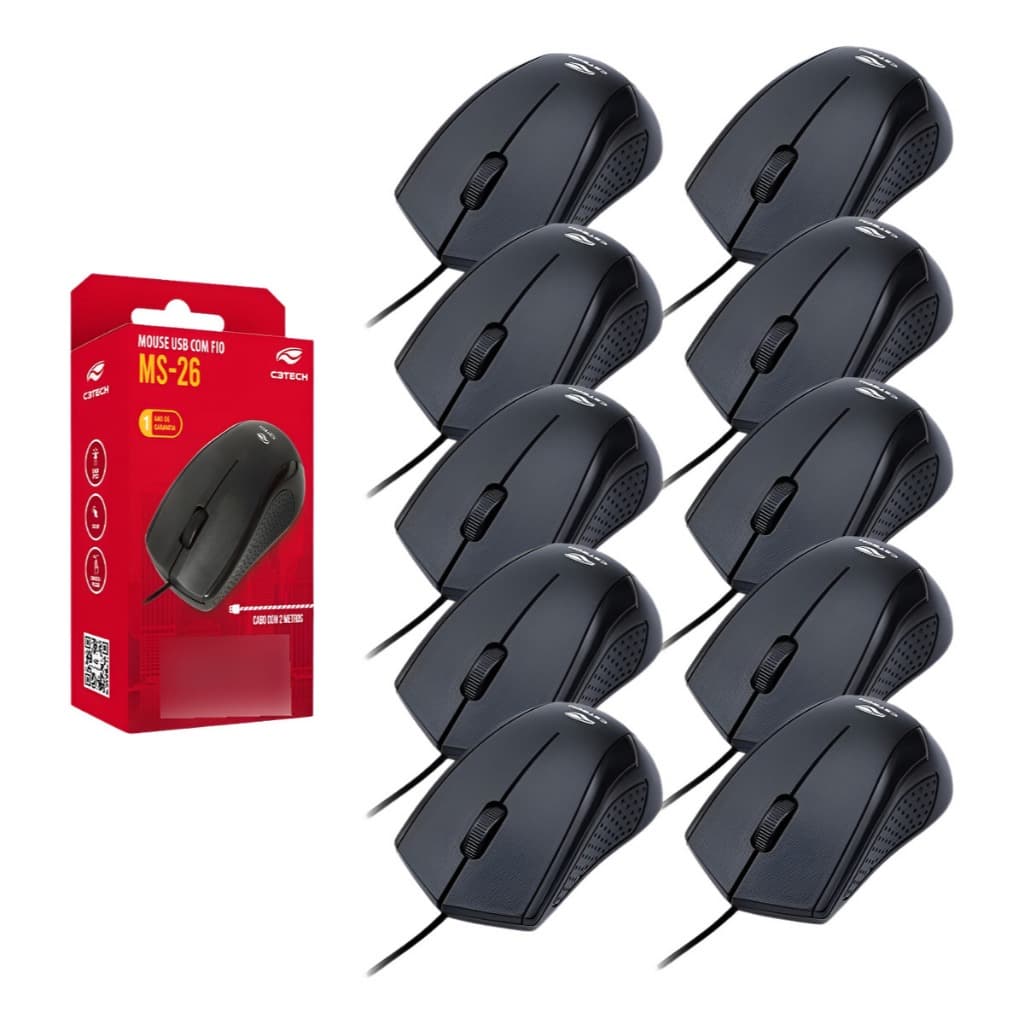 Mouse Usb Preto Com Fio Ms-26bk C3tech Kit 10 Atacado Fio 2m