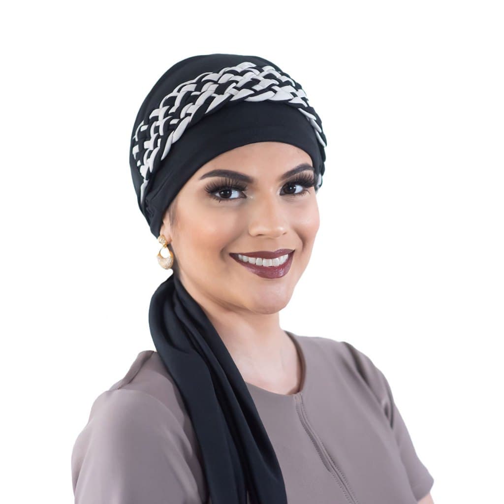 Turbante Preto com Tiara de Trança Larga Duo Preto e Bege para Quimioterapia