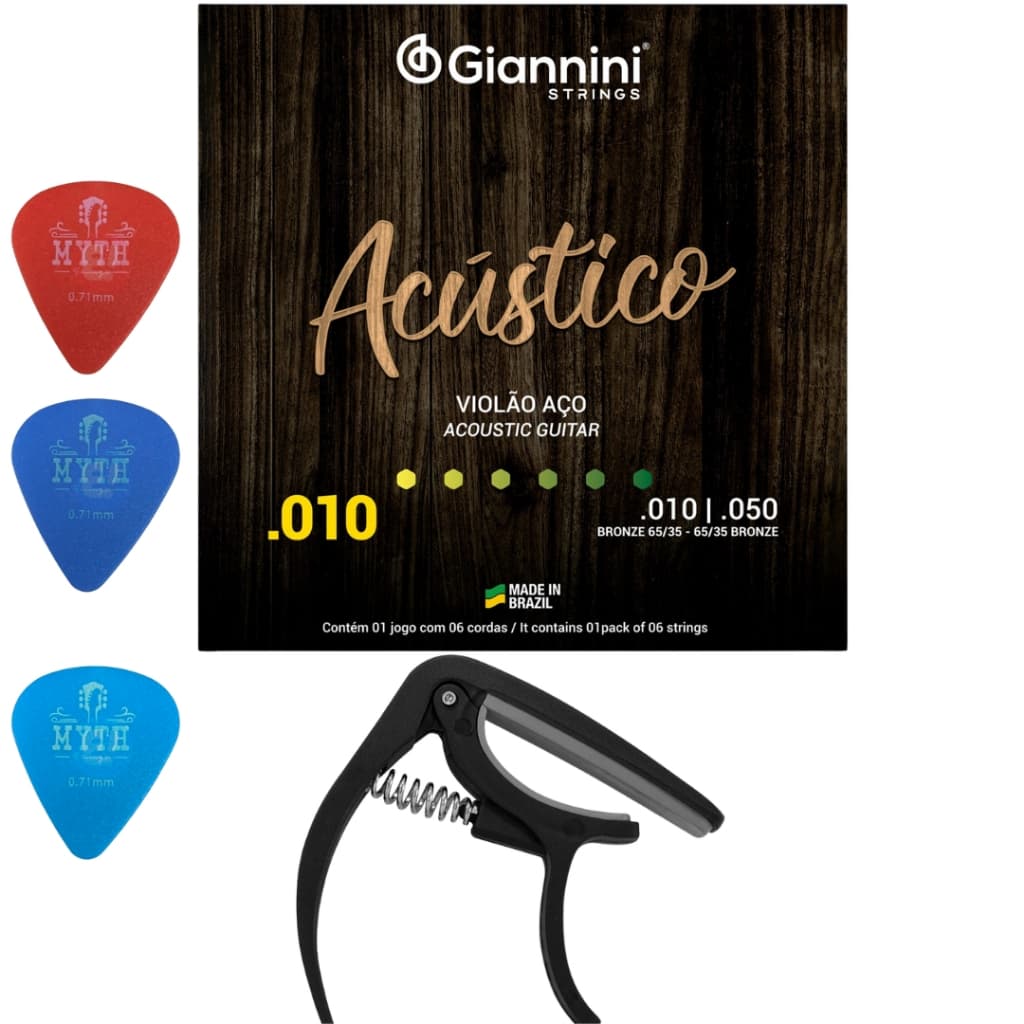 Cordas Encordoamento Acústico Violão Aço + Capotraste + 3 Palhetas
