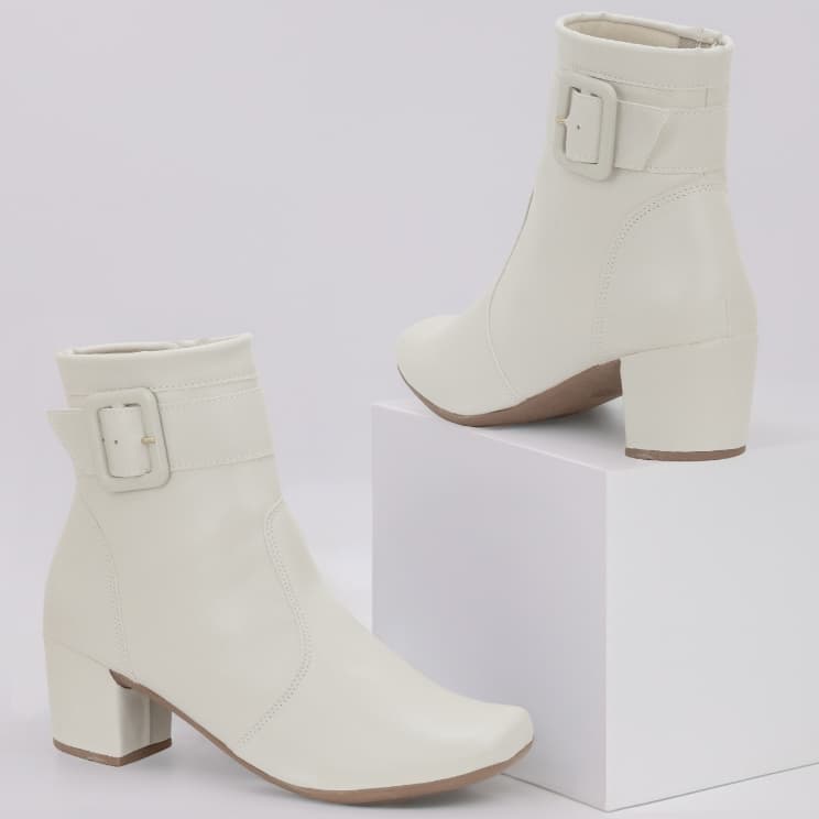 Bota Coturno Feminina Cano Curto Salto Grosso Confortável com Fivela Elegante Casual Ref: 190