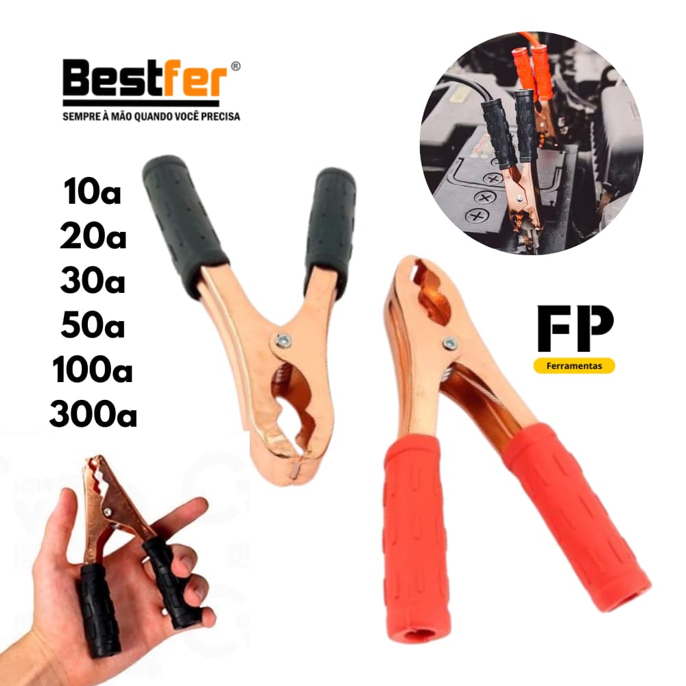 Par Garra Jacaré 10A a 300A Cabo Chupeta Automotivo Bateria Carro Moto 2 Peças - Bestfer