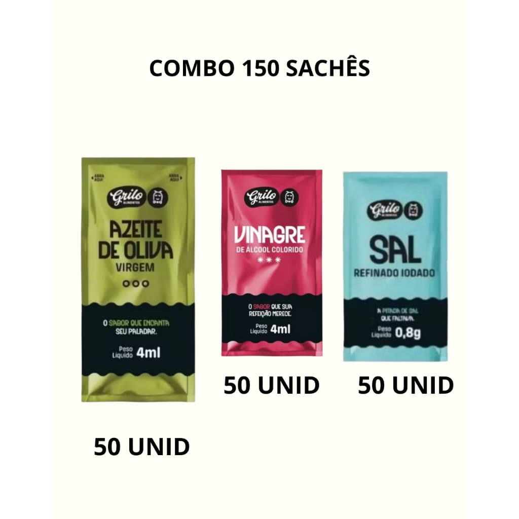 Kit 150 Sachês Azeite de Oliva + Vinagre + Sal Refinado