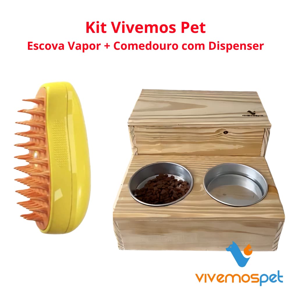 Kit Comedouro com Dispenser e Escova a Vapor - Pet Feliz