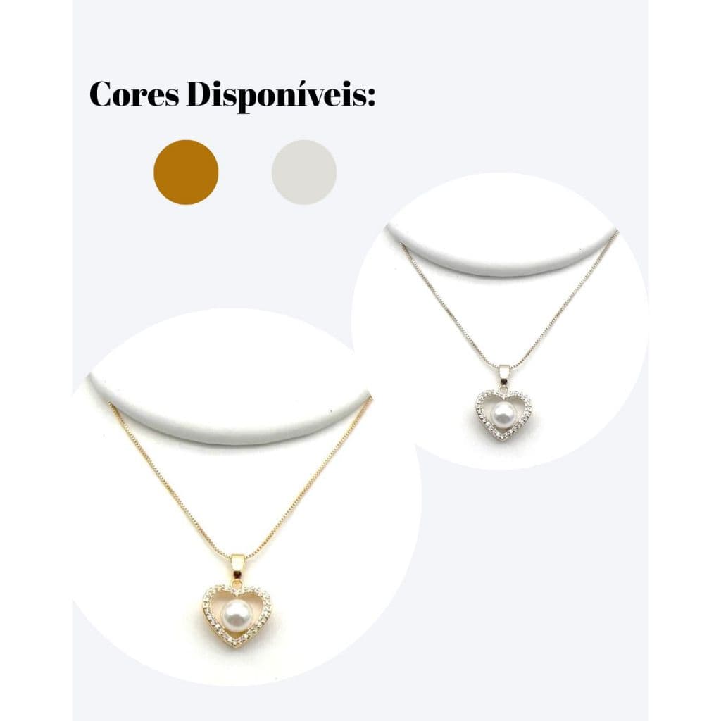 Colar Gargantilha Dourado ou Prata com Pingente Coração e Pérola Acompanha Saquinho
