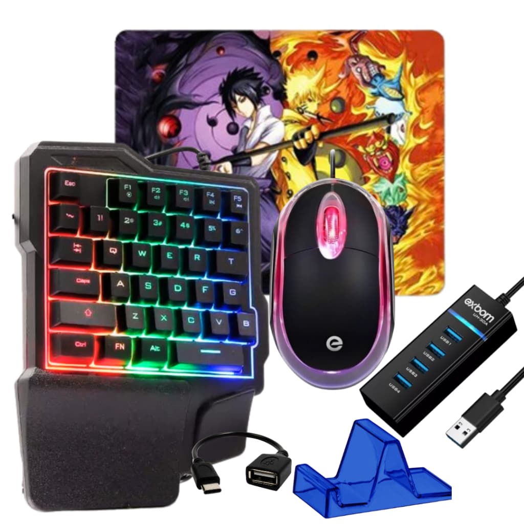 Kit Gamer Mobilador 1 Mão Tipo C V8 Free Fire Cod Fortnite Teclado e Mouse p/ celular