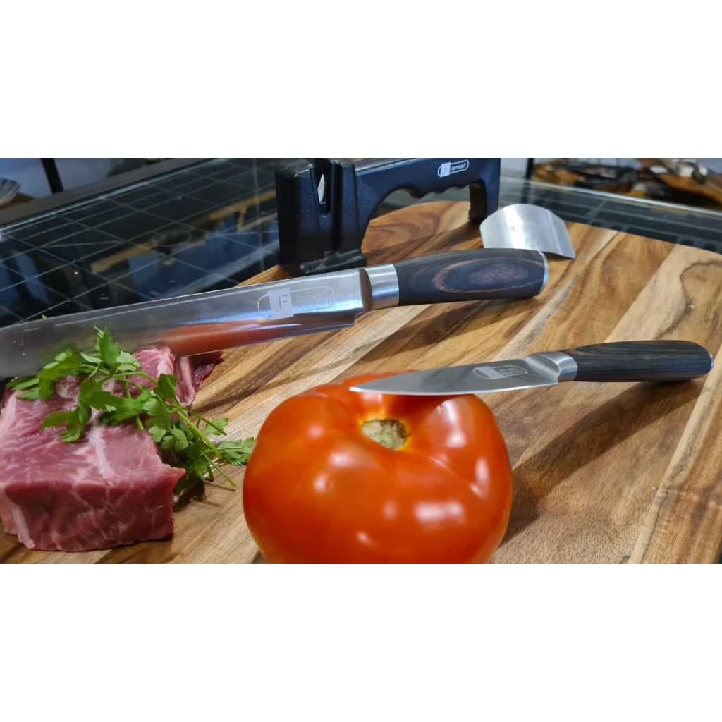 Kit Faca para carnes e churrasco 8"+ Faca para descascar legumes 3,5"+ Afiador facas + Protetor de dedos