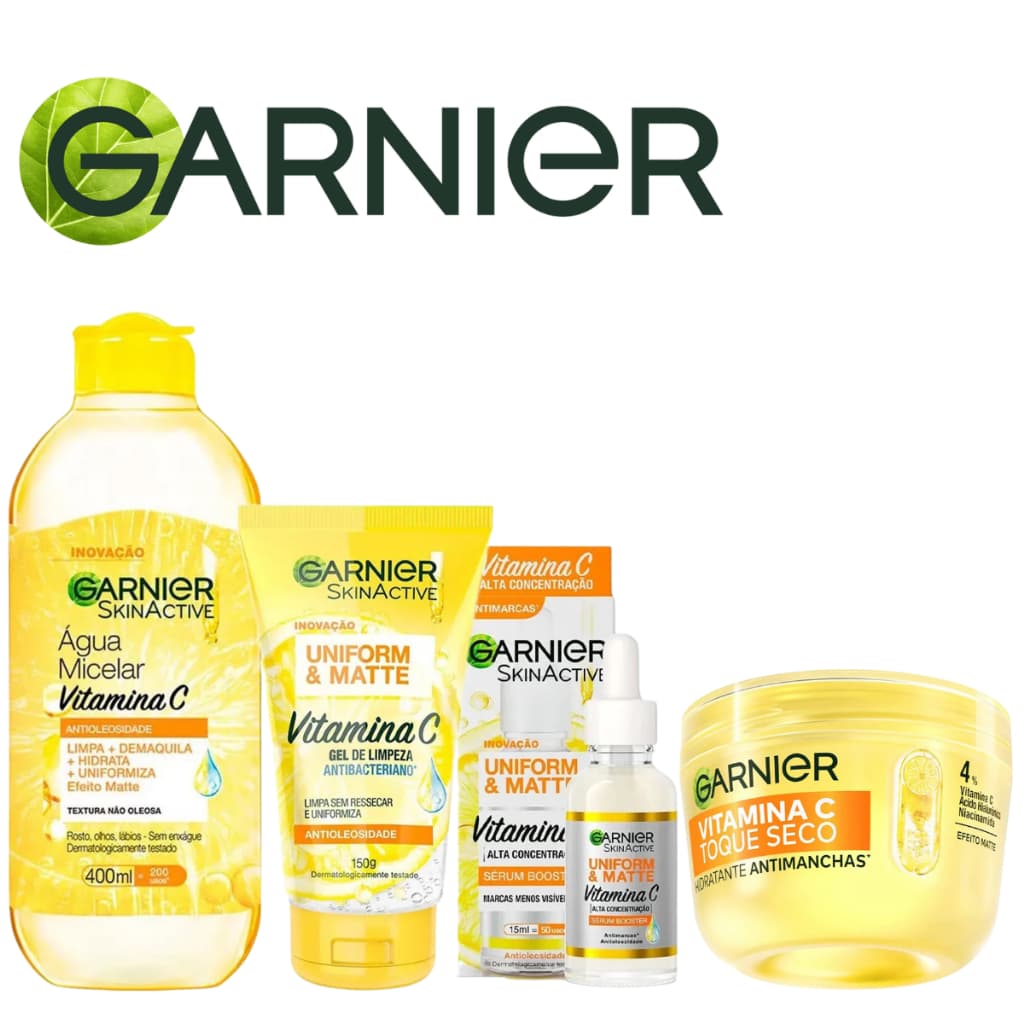 Kit Garnier SkinActive Água Micelar + Gel Limpeza + Sérum Vitamina C + Hidratante Facial