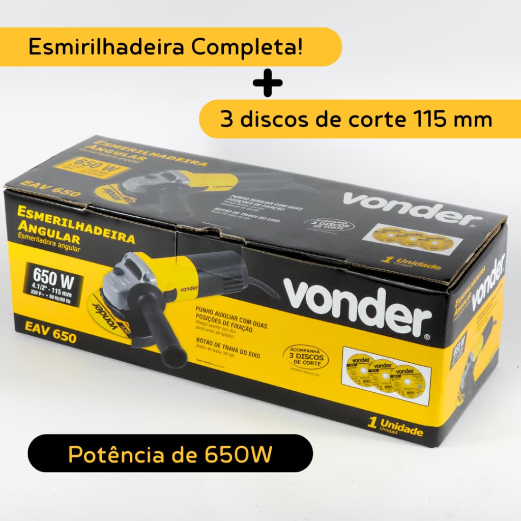 Kit Esmerilhadeira Lixadeira Angular 4.1/2 650w + 3 Discos Brinde, Pôtencia, 220Volts 115mm - Vonder