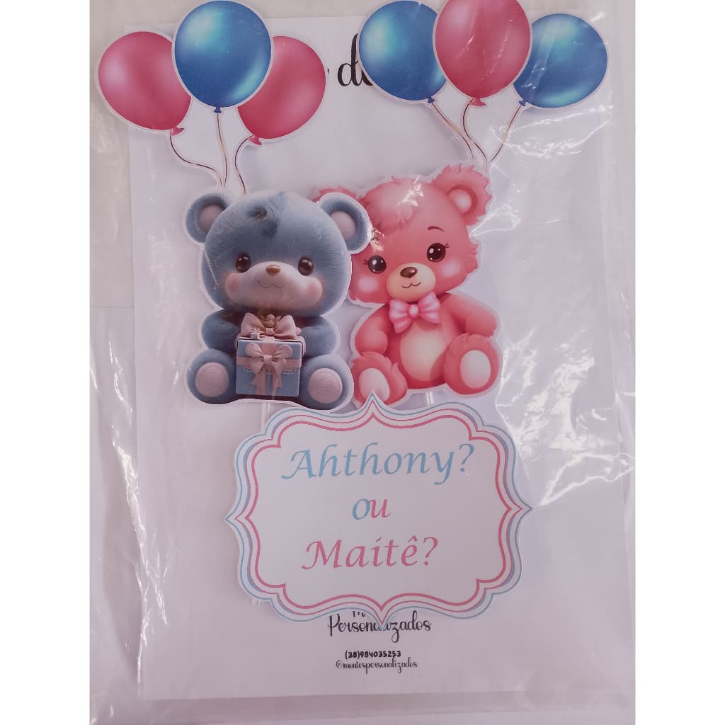 Topper Chá Revelação de Nome • Ursinhos Rosa e Azul • Personalizado com o Nome do Bebê