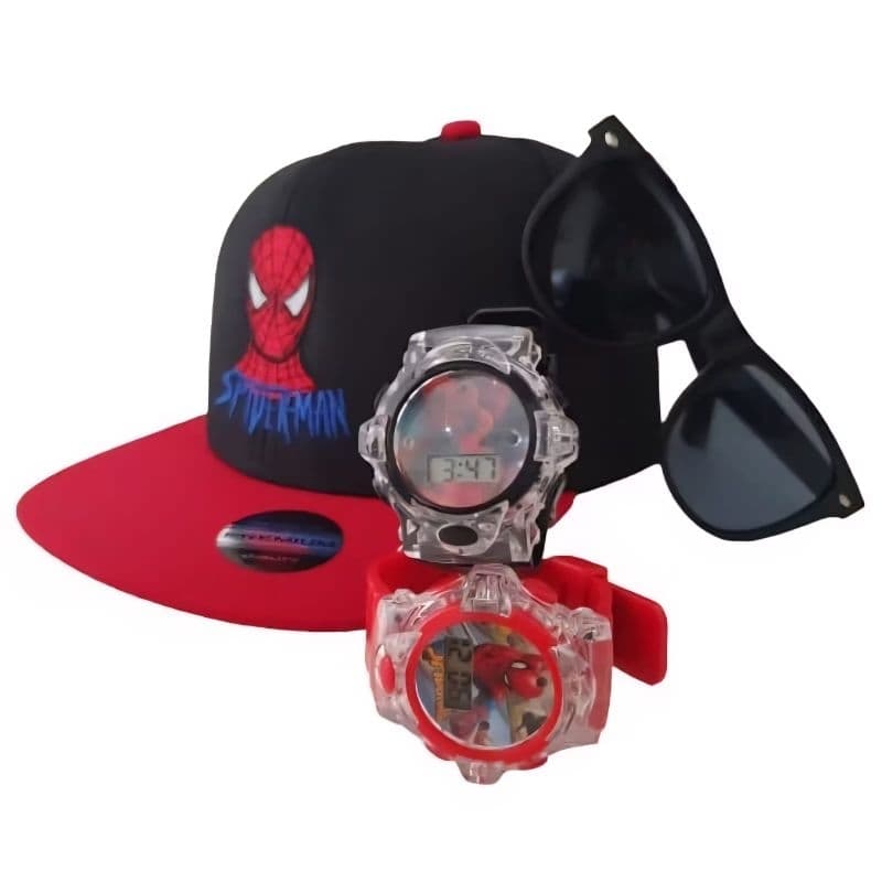 Kit infantil Boné, óculos e relógio Super Heróis diversos personagens homem aranha, Batman, Capitão