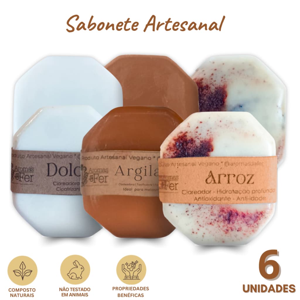 Kit 6 Sabonete Potente Clareador Natural Argila Dourada Dolomita e Arroz