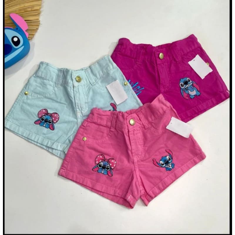 Short Infantil Bordado do Stitch, ajustavel na cintura Tam. 2 ao 8