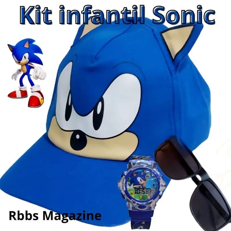 Kit Infantil do Sonic com Boné, Óculos e Relógio spiner Musical com Luzes