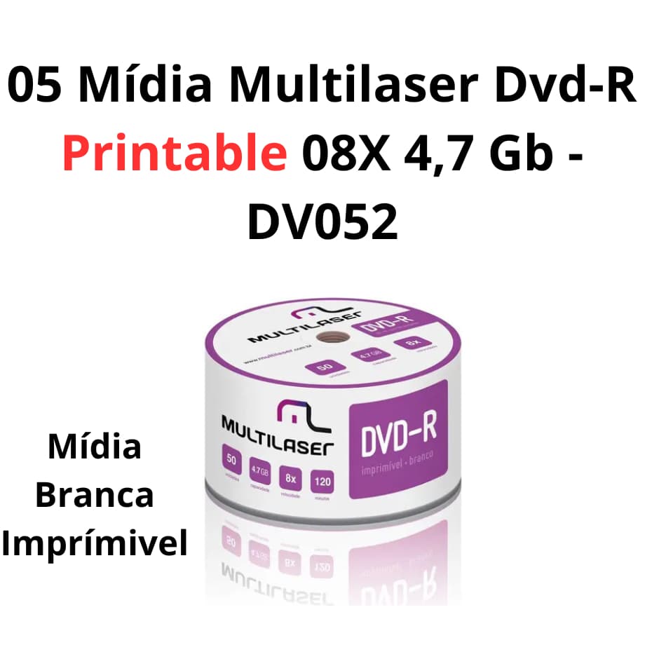 05 Mídia Multilaser Dvd-R Printable 08X 4,7 Gb - Branca Grava Jogo PS2