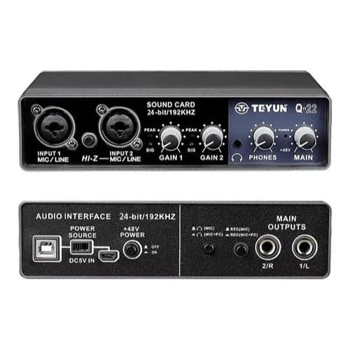 Teyun Q-22 Interface De Áudio Usb Gravação 24bits 192 kHz Placa De Som 2 Canais Com Monitoramento Para Gravação