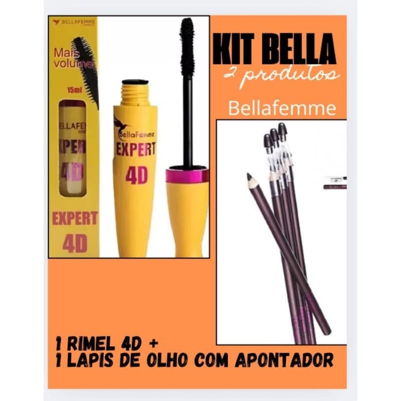 KIT BELLA FEMME C/ 2 ITENS RIMEL 4D EXPERT + LAPIS D OLHO E SOBRANCELHA MARROM C APONTADOR Maquiagem