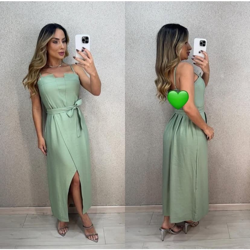 Vestido Feminino Midi alfaiataria com fenda na frente e laço alça ajustavel