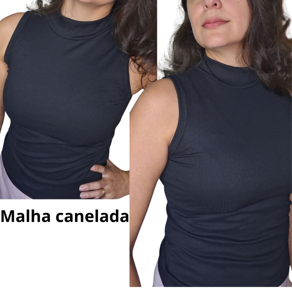 Blusa feminina Gola alta malha canelada sem manga cavada