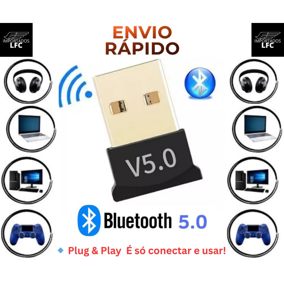 Adaptador Receptor Bluetooth 5.0 Plug And Play USB Transmissor Notebook PC Computador Fone Audio