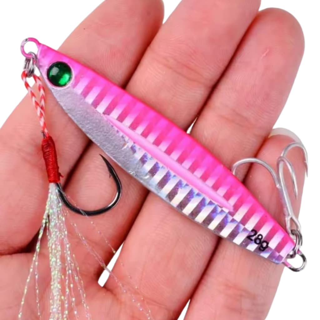 Isca Jig Metálico Rosa - Alta Qualidade - Para Pesca de Vários Tipos de Peixes - Pampos Robalos - Com Anzol e Garatéia