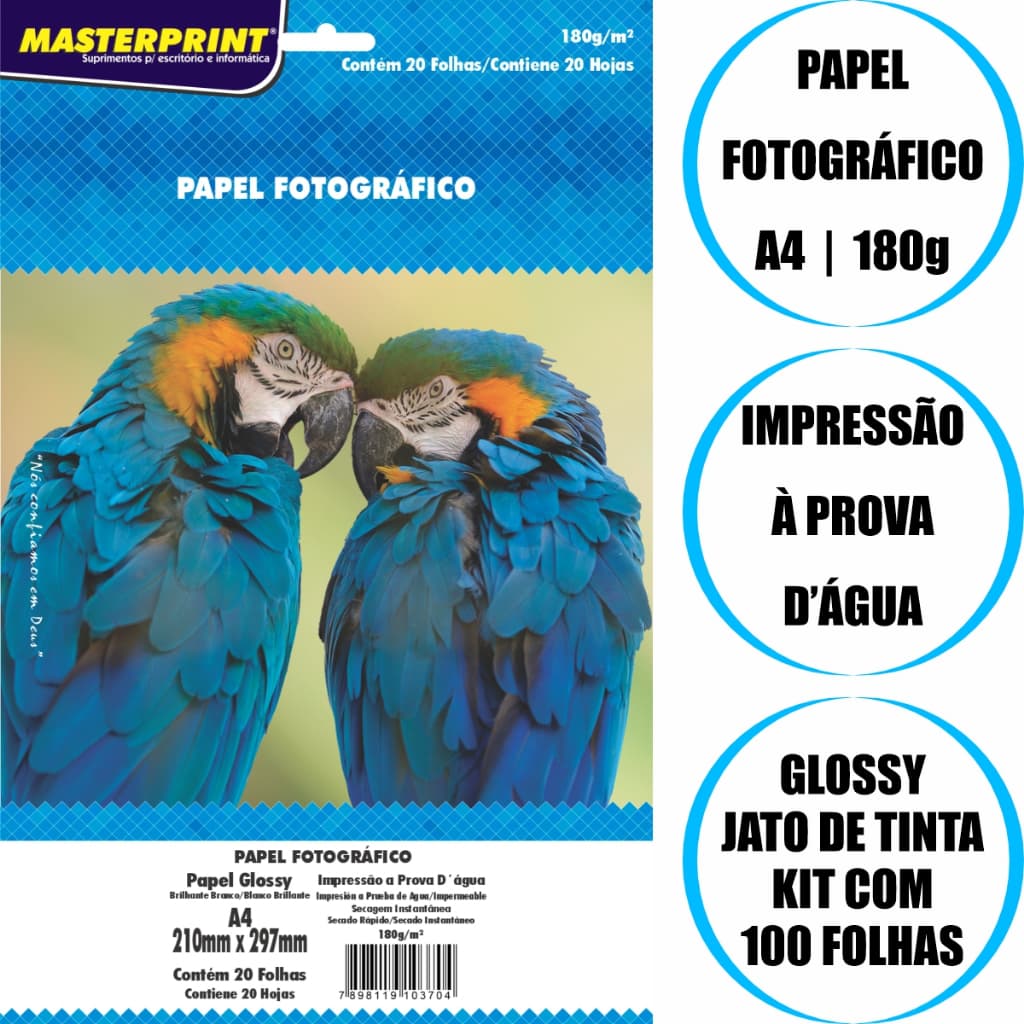 Papel Fotográfico 180G Glossy A4 À Prova D'água Brilhante Premium 100 folhas MASTER PRINT