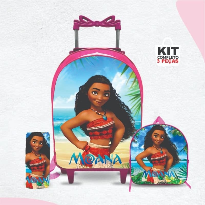 Kit mochila escolar Moana com lancheira e Estojo -Carrinho com Rodinhas - Menina - Feminino
