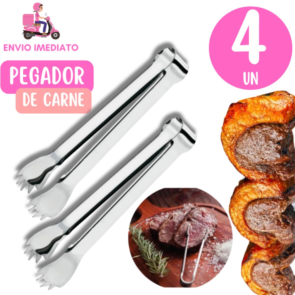 Kit 4 Mini Pegador Universal de Carne 12,5 cm 100% Inox Churrasco Gelo para Churrascaria Restaurante