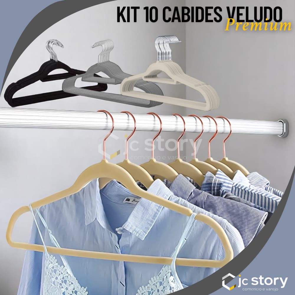 Kit 10 Cabides aveludados Slim Antideslizante Ultrafino veludo para closet roupeiro preto bege cinza