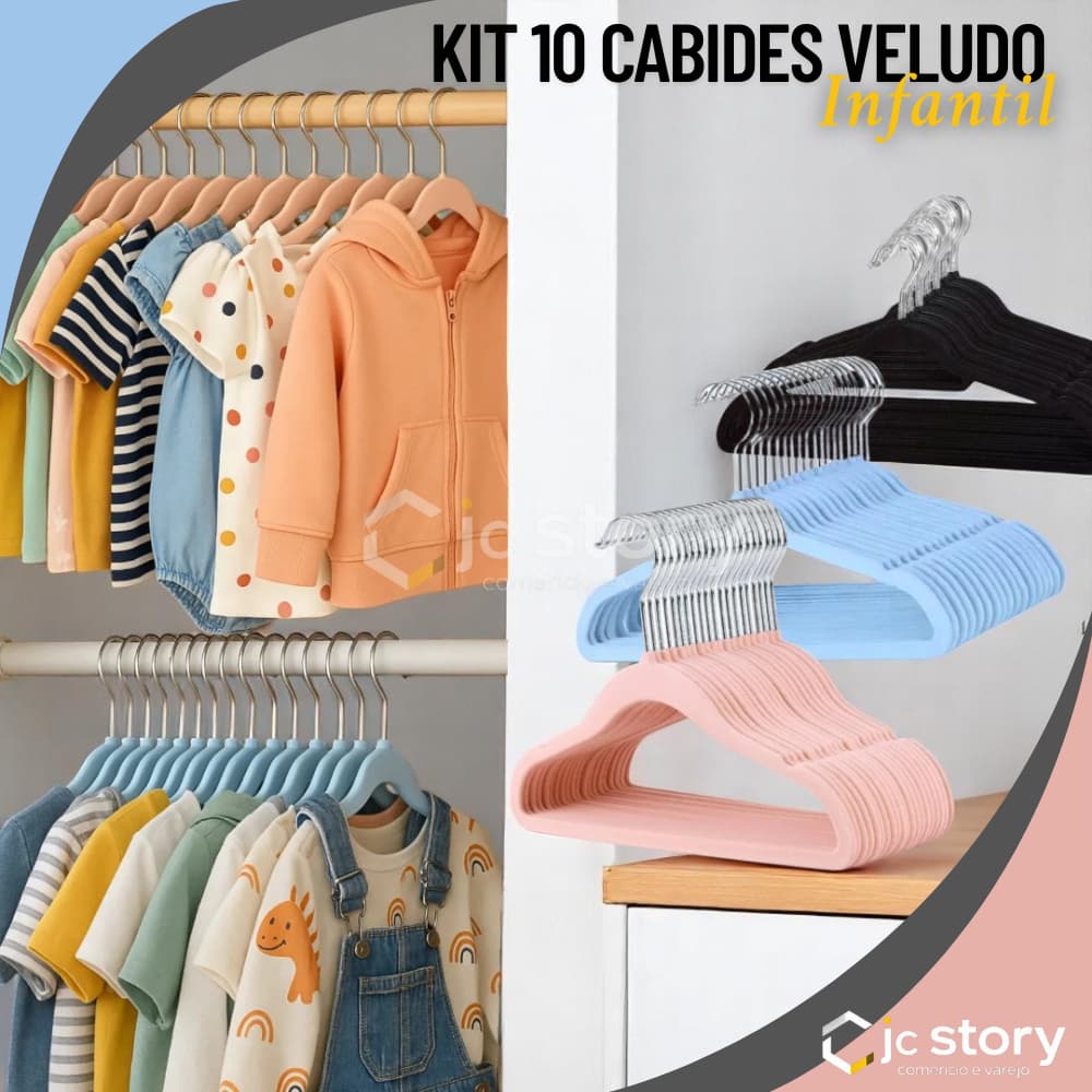 kit 10 Cabide aveludado Infantil Antideslizante Ultrafinos de Veludo Slim Criança Bebê Organizador